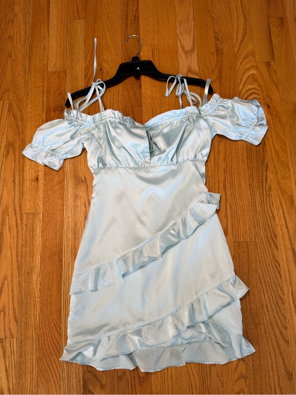 MAJORELLE Light Blue Satin Ruffle Mini Dress